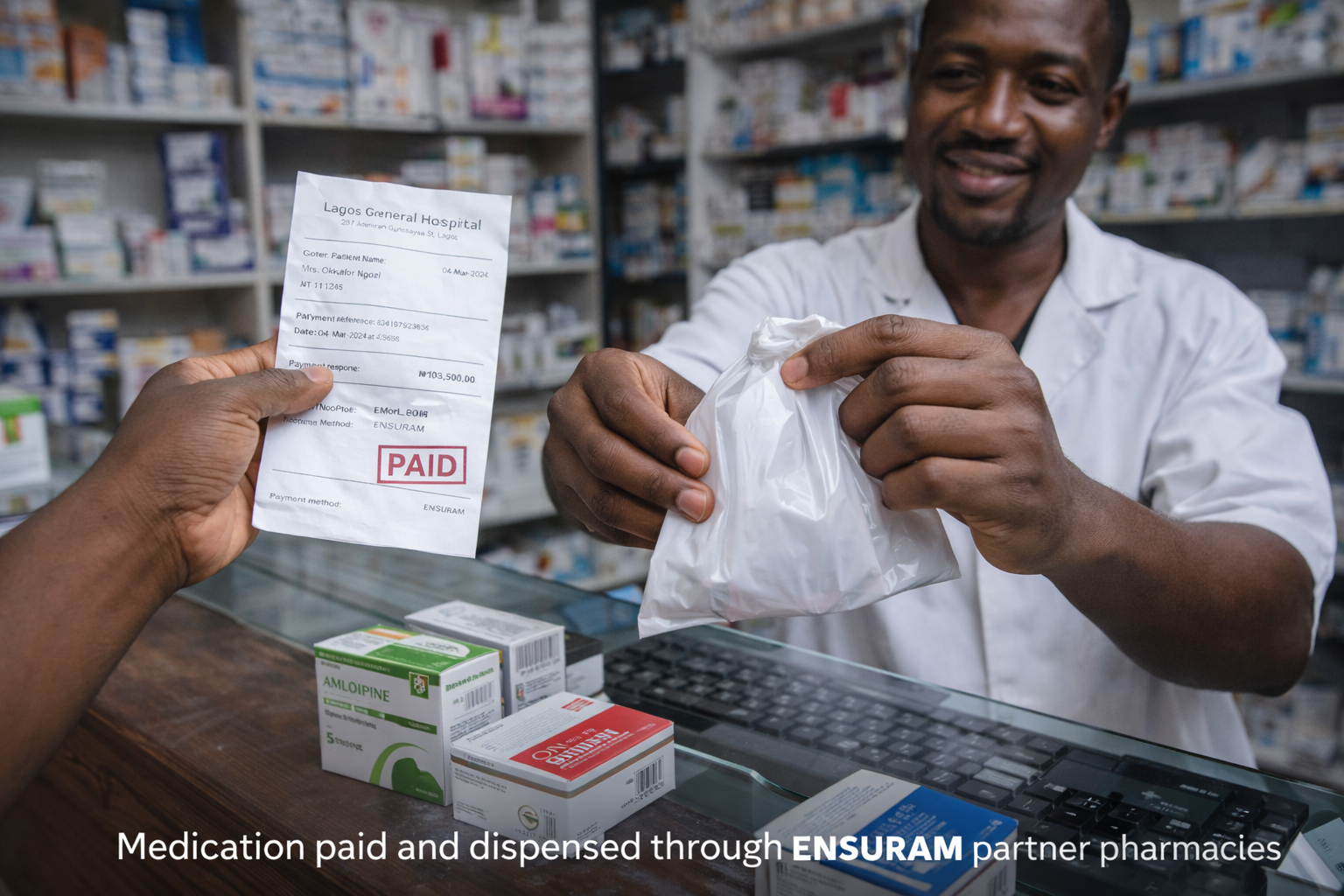 Pharmacist dispensing medication after Ensuram payment confirmation